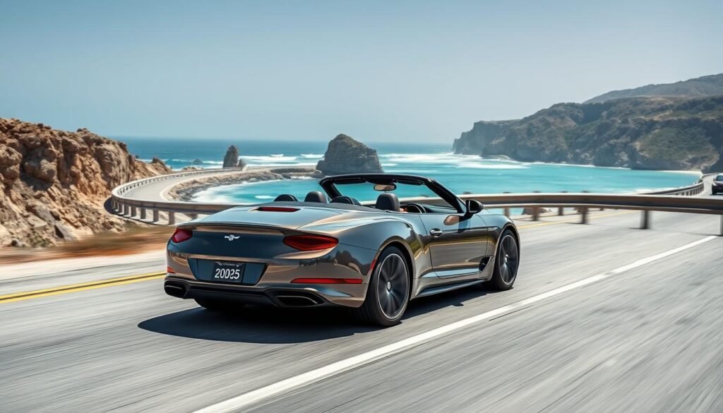 Luxury convertible driving along California's Pacific Coast Highway with ocean views and cliffs in 2025