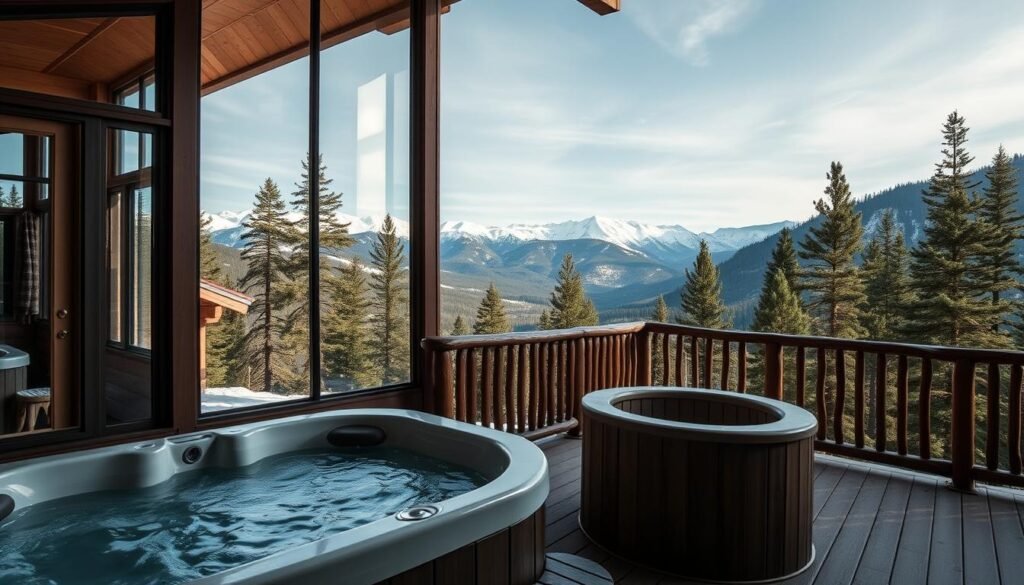 Luxury mountain spa retreat accommodations showing private cabin with panoramic views