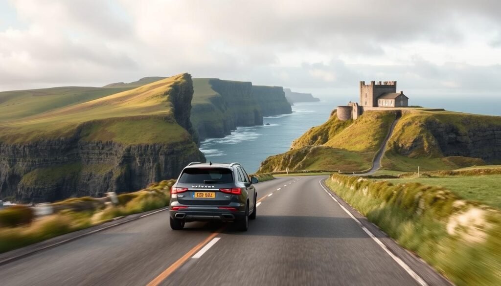Luxury vehicle driving along Ireland's Wild Atlantic Way with dramatic coastal cliffs in 2025