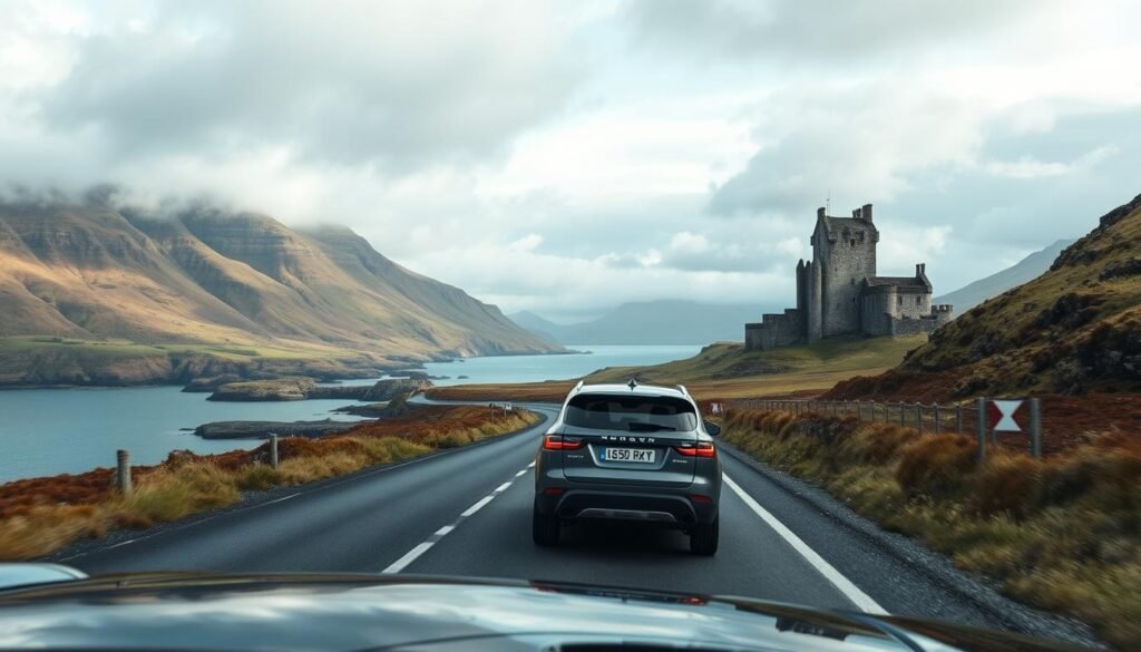 Luxury vehicle driving through the dramatic landscapes of Scotland's North Coast 500 in 2025 Luxury vehicle driving through the dramatic landscapes of Scotland's North Coast 500 in 2025