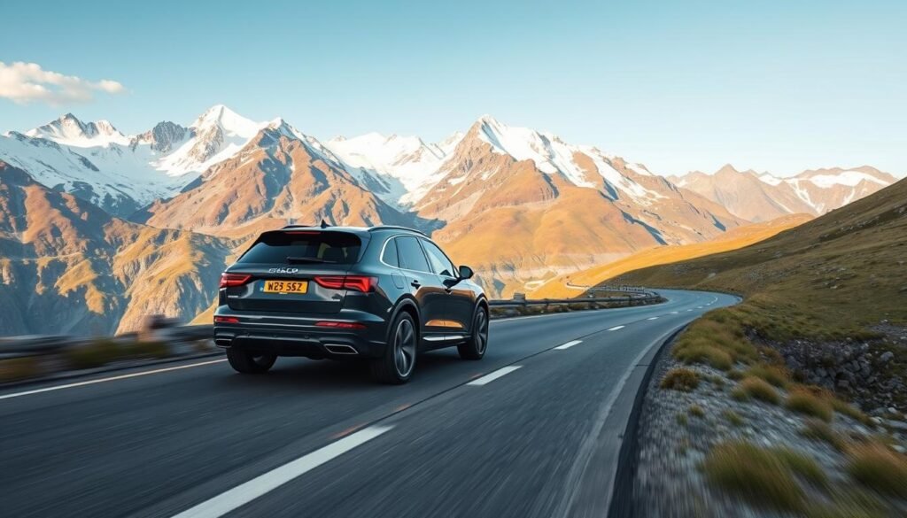 Luxury vehicle traversing the high mountain passes of Route des Grandes Alpes in 2025 Luxury vehicle traversing the high mountain passes of Route des Grandes Alpes in 2025