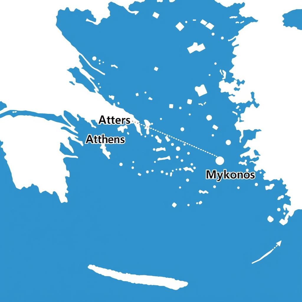 Map of Greece highlighting the 1 week itinerary route between Athens, Santorini, and Mykonos Map of Greece highlighting the 1 week itinerary route between Athens, Santorini, and Mykonos