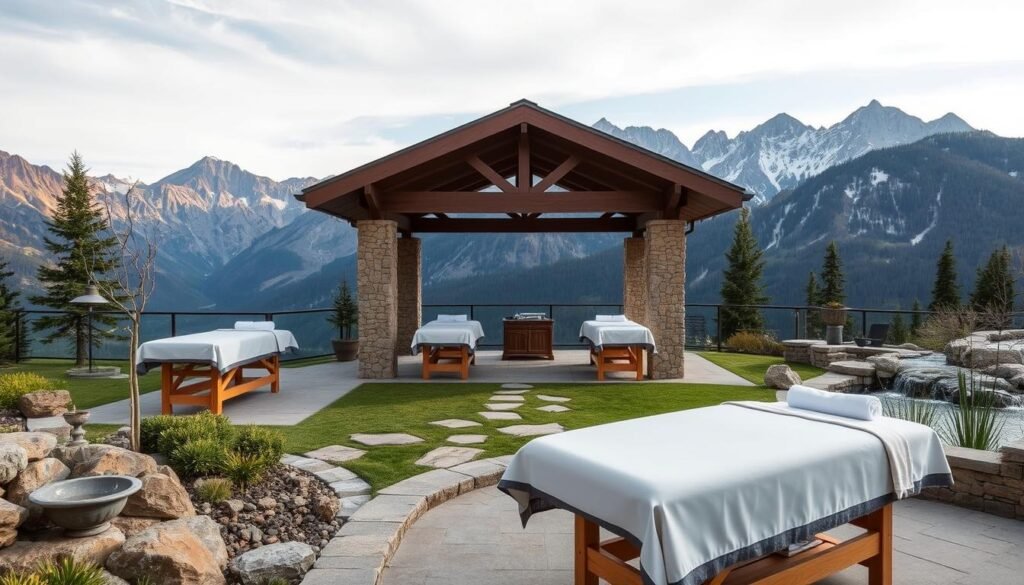 Mountain spa retreat featuring an outdoor treatment pavilion with panoramic views of dramatic peaks
