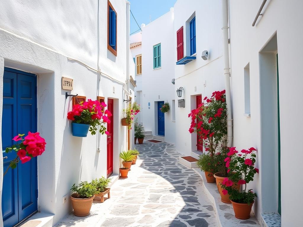 Narrow, winding streets of Mykonos Town with white buildings and colorful doors - charming area to explore in your 1 week in Greece itinerary Narrow, winding streets of Mykonos Town with white buildings and colorful doors - charming area to explore in your 1 week in Greece itinerary