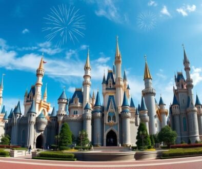 Panoramic view of Disney Resorts Around the World showing the iconic castles from different Disney parks globally
