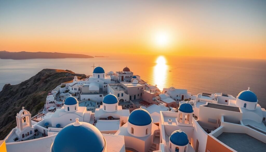 Panoramic view of Santorini with white buildings and blue domes overlooking the Aegean Sea at sunset - essential stop on any 1 week in Greece itinerary