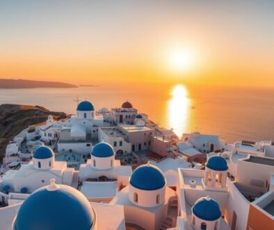 Panoramic view of Santorini with white buildings and blue domes overlooking the Aegean Sea at sunset - essential stop on any 1 week in Greece itinerary