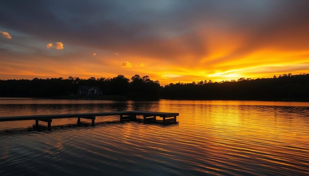 Peaceful sunset over a lake with luxury accommodation visible, epitomizing the luxurious lake resorts private retreat experience