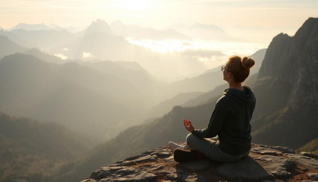 Person enjoying a mountain meditation session with panoramic views