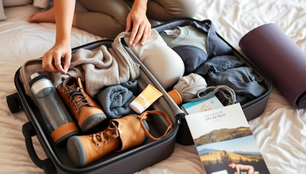 Person packing for a mountain spa retreat with appropriate clothing and essentials