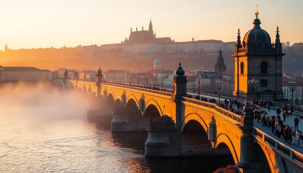 Prague's Charles Bridge at sunrise with Prague Castle in the background Prague's Charles Bridge at sunrise with Prague Castle in the background