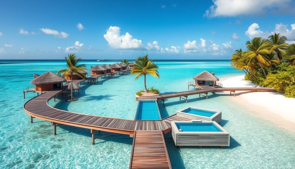 Private island resort with overwater bungalows