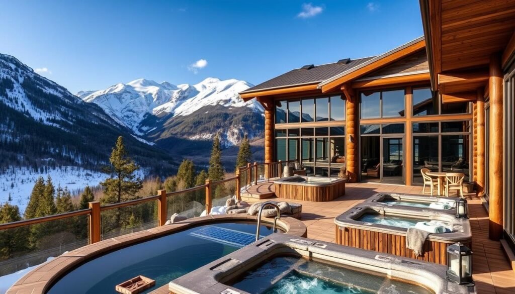Rocky Mountain spa retreat with outdoor hot tubs overlooking dramatic mountain vistas