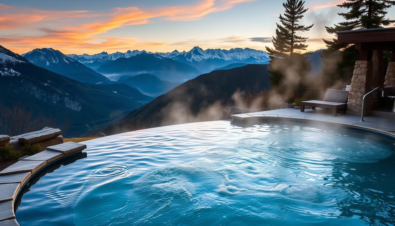 Serene mountain spa retreat with panoramic views of snow-capped peaks and a natural hot spring pool