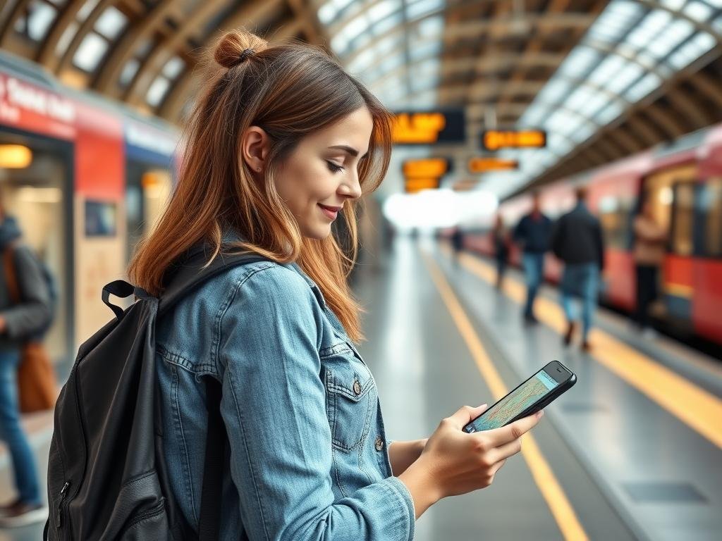 Solo female traveler checking map on smartphone at train station Solo female traveler checking map on smartphone at train station