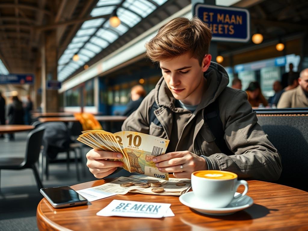 Student traveler counting euros with train tickets and hostel booking confirmation Student traveler counting euros with train tickets and hostel booking confirmation