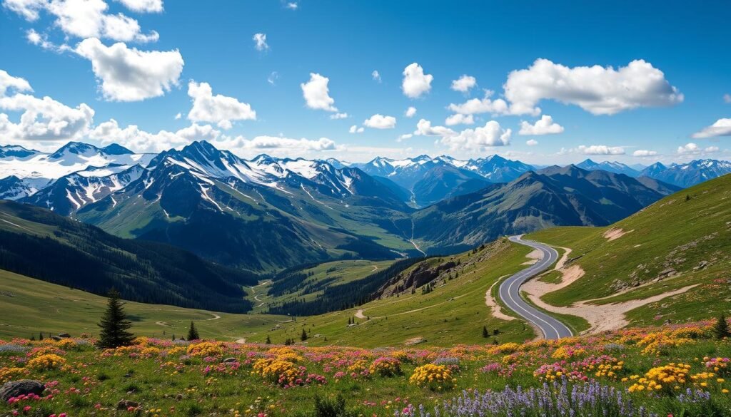 Summer view of Beartooth Highway with alpine meadows and mountains Summer view of Beartooth Highway with alpine meadows and mountains