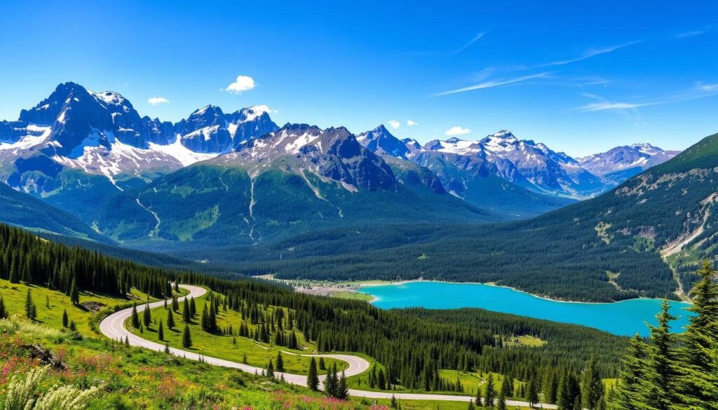 Summer view of North Cascades Highway with mountains and alpine lakes