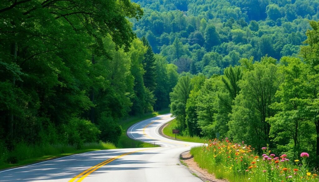 Summer view of the Natchez Trace Parkway with green forests and rolling hills