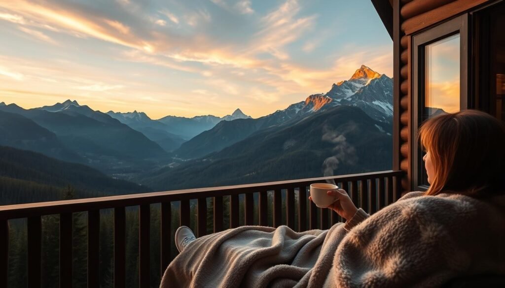 Sunset view from a mountain spa retreat showing a person relaxing on a balcony overlooking dramatic peaks