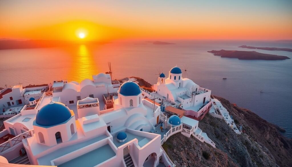 Sunset view of Oia in Santorini with white buildings cascading down the cliffs - highlight of a 1 week in Greece itinerary Sunset view of Oia in Santorini with white buildings cascading down the cliffs - highlight of a 1 week in Greece itinerary