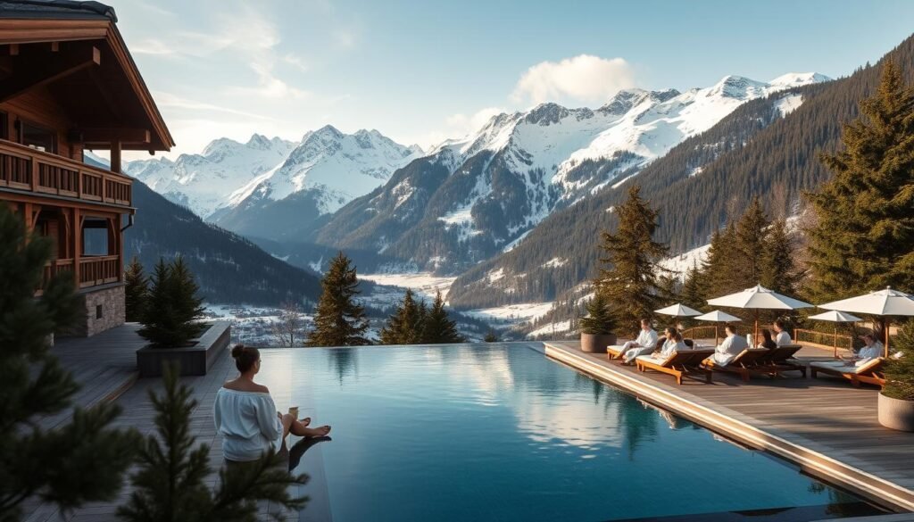 Swiss Alps luxury mountain spa retreat with outdoor infinity pool overlooking snow-capped peaks