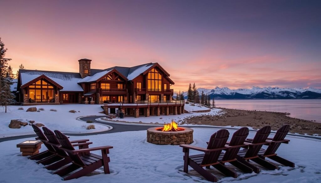 The Lodge at Edgewood Tahoe with mountain architecture, private beach and panoramic lake views offering a luxurious lake resorts private retreat