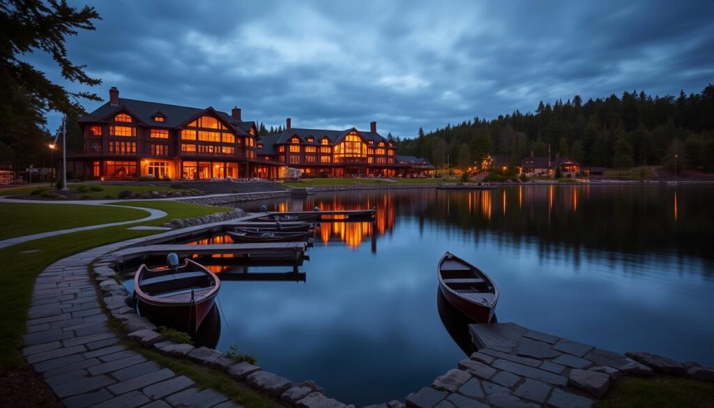 The Point Resort on Saranac Lake with elegant Adirondack-style architecture and private lakefront offering a luxurious lake resorts private retreat