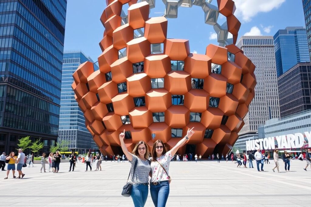 The Vessel structure at Hudson Yards with friends posing