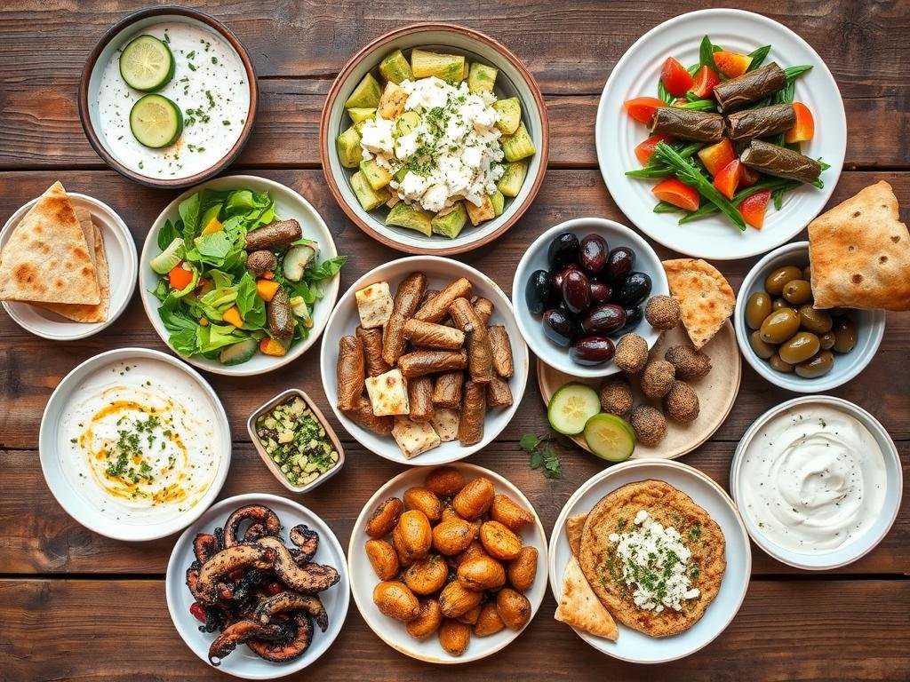Traditional Greek mezze spread with tzatziki, dolmades, feta, and olives - essential culinary experience in your 1 week in Greece itinerary