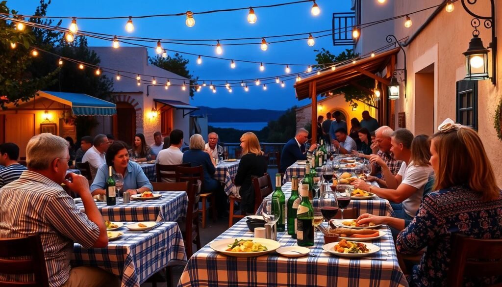 Traditional Greek taverna with locals enjoying dinner - understanding cultural etiquette enhances your 1 week in Greece itinerary