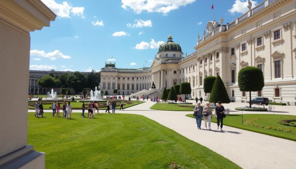 Vienna's Schönbrunn Palace gardens with tourists walking along the paths Vienna's Schönbrunn Palace gardens with tourists walking along the paths