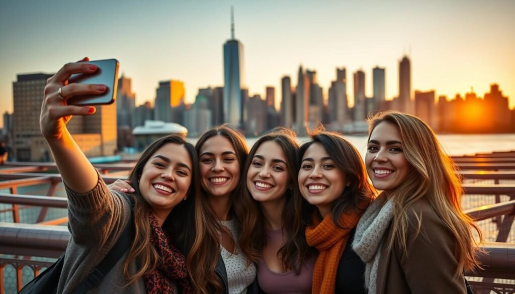 a diverse group of Friends taking a group selfie with the Manhattan skyline at sunset