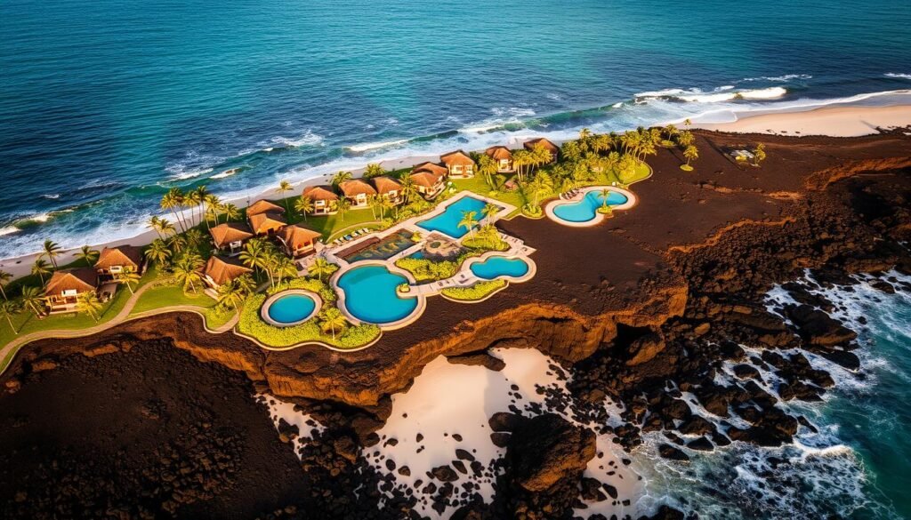 Aerial view of Four Seasons Resort Hualalai with its oceanfront bungalows and lava rock pools