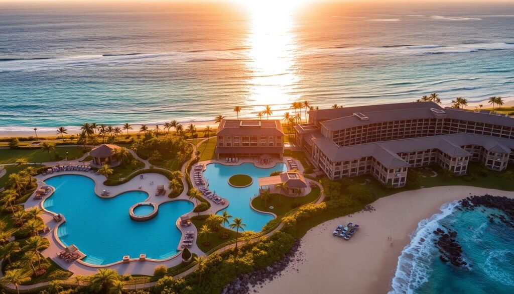 Aerial view of Four Seasons Resort Oahu at Ko Olina with its multiple infinity pools overlooking the Pacific Ocean Aerial view of Four Seasons Resort Oahu at Ko Olina with its multiple infinity pools overlooking the Pacific Ocean
