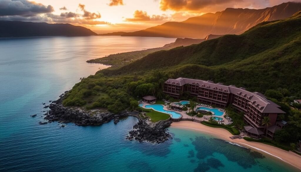 Aerial view of the 1 Hotel Hanalei Bay with its infinity pools overlooking Hanalei Bay and Na Pali Coast mountains Aerial view of the 1 Hotel Hanalei Bay with its infinity pools overlooking Hanalei Bay and Na Pali Coast mountains
