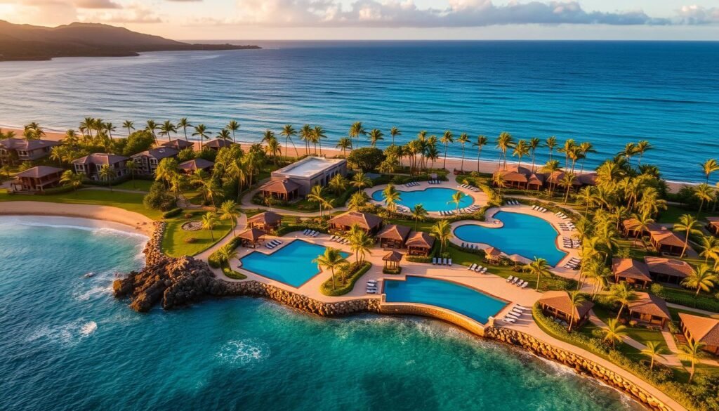 Aerial view of the Four Seasons Resort Maui at Wailea with its oceanfront infinity pools and cabanas Aerial view of the Four Seasons Resort Maui at Wailea with its oceanfront infinity pools and cabanas
