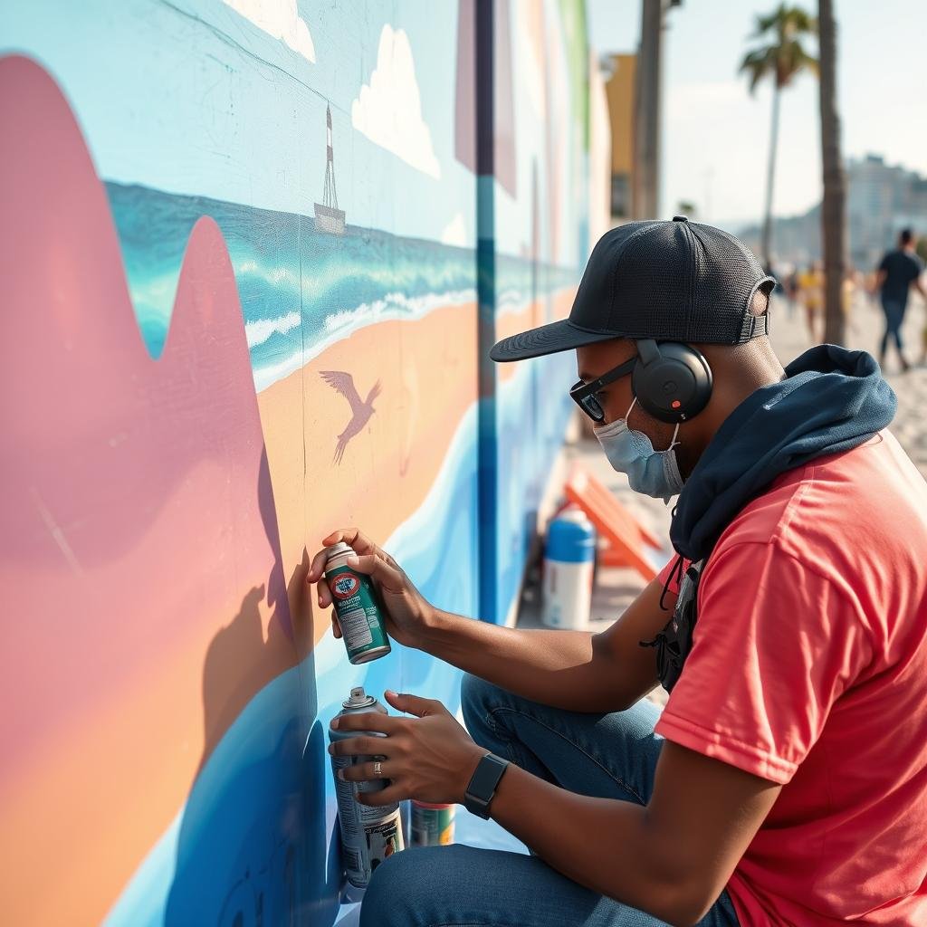Artist working on beach-themed mural near Copacabana in Rio de Janeiro