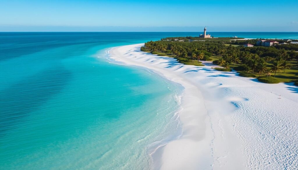Boca Grande's pristine white sand beach with palm trees and few visitors, a dreamy beach town not overcrowded Boca Grande's pristine white sand beach with palm trees and few visitors, a dreamy beach town not overcrowded