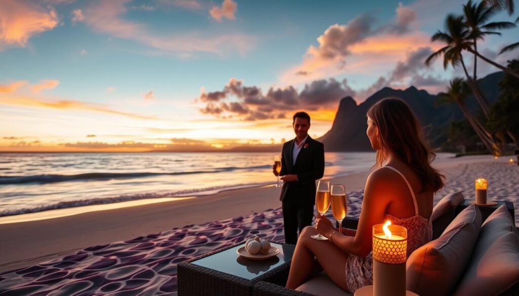 Couple enjoying sunset cocktails on a private beach in Hawaii with personalized service