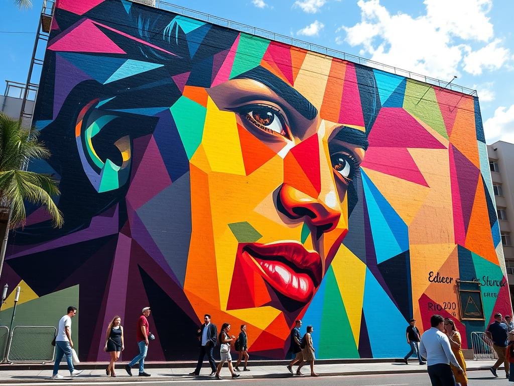 Eduardo Kobra's colorful geometric portrait mural in Rio de Janeiro Eduardo Kobra's colorful geometric portrait mural in Rio de Janeiro