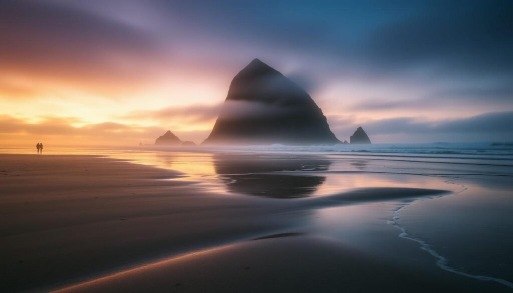 Haystack Rock at Cannon Beach with few visitors, exemplifying dreamy beach towns not overcrowded Haystack Rock at Cannon Beach with few visitors, exemplifying dreamy beach towns not overcrowded