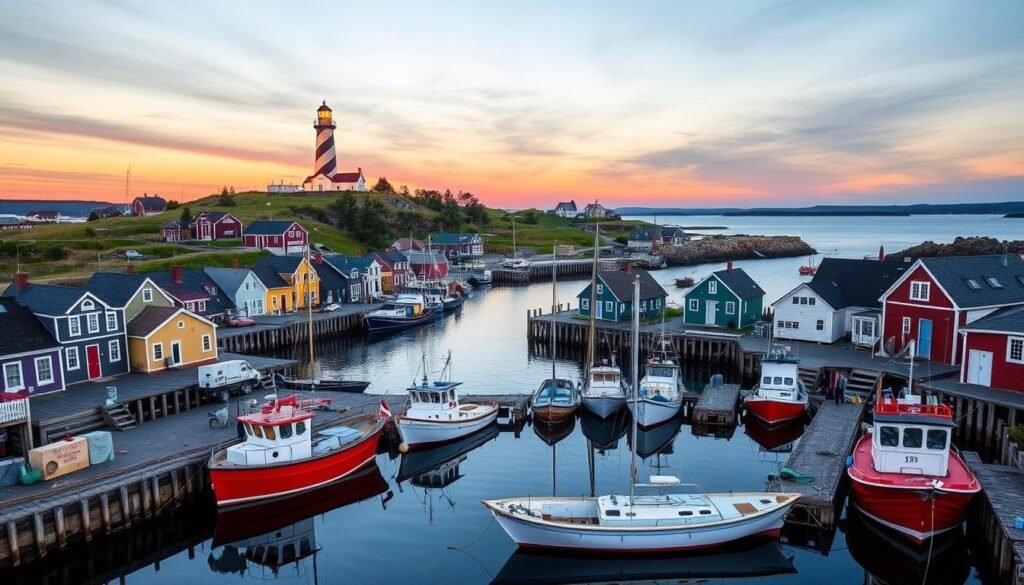 Lubec's colorful harbor with fishing boats and dreamy beach towns not overcrowded with tourists Lubec's colorful harbor with fishing boats and dreamy beach towns not overcrowded with tourists