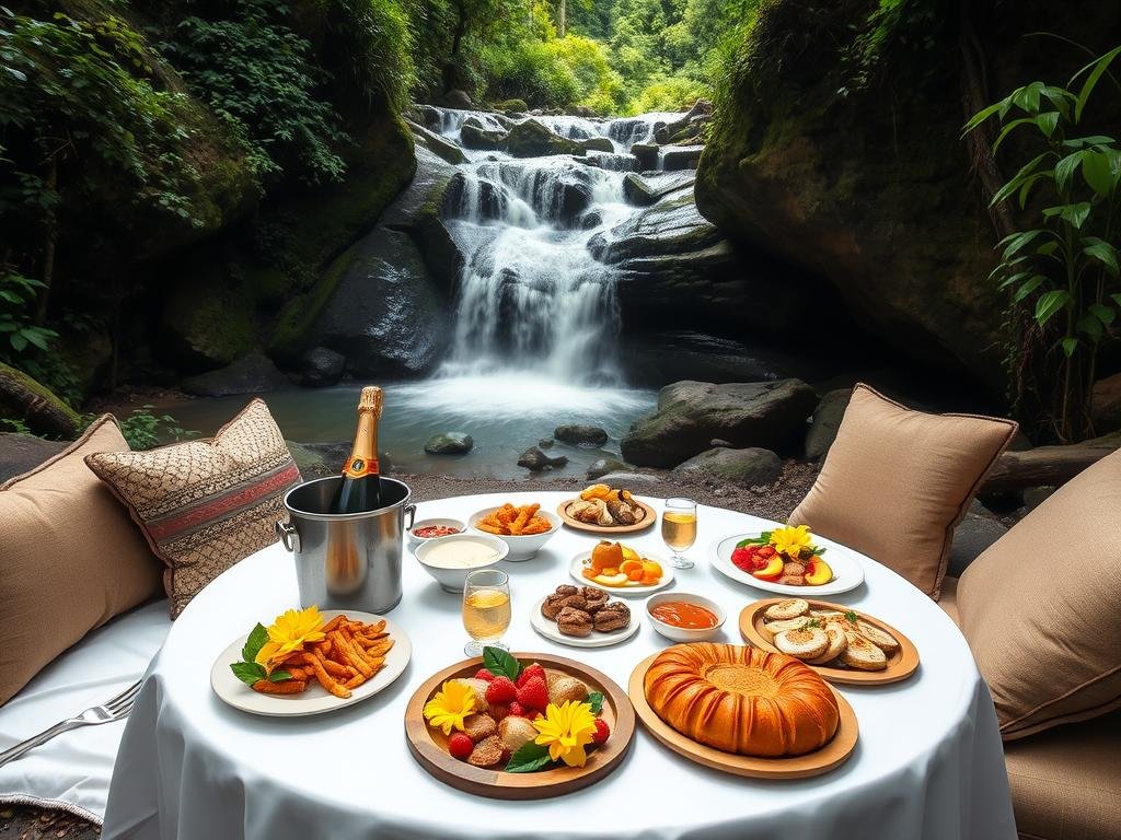 Luxury picnic setup at a private waterfall along the Road to Hana, with champagne and gourmet food Luxury picnic setup at a private waterfall along the Road to Hana, with champagne and gourmet food