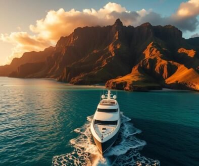 Luxury yacht approaching a Hawaiian island with volcanic mountains in the background, showcasing Hawaiian Islands Hopping in style