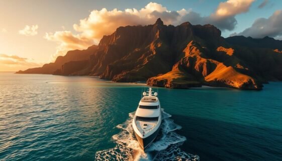Luxury yacht approaching a Hawaiian island with volcanic mountains in the background, showcasing Hawaiian Islands Hopping in style