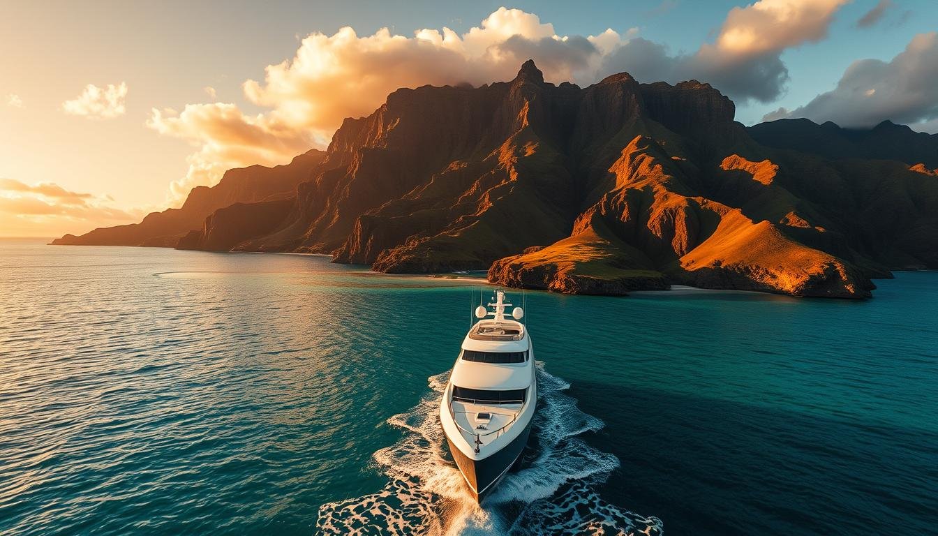 Luxury yacht approaching a Hawaiian island with volcanic mountains in the background, showcasing Hawaiian Islands Hopping in style