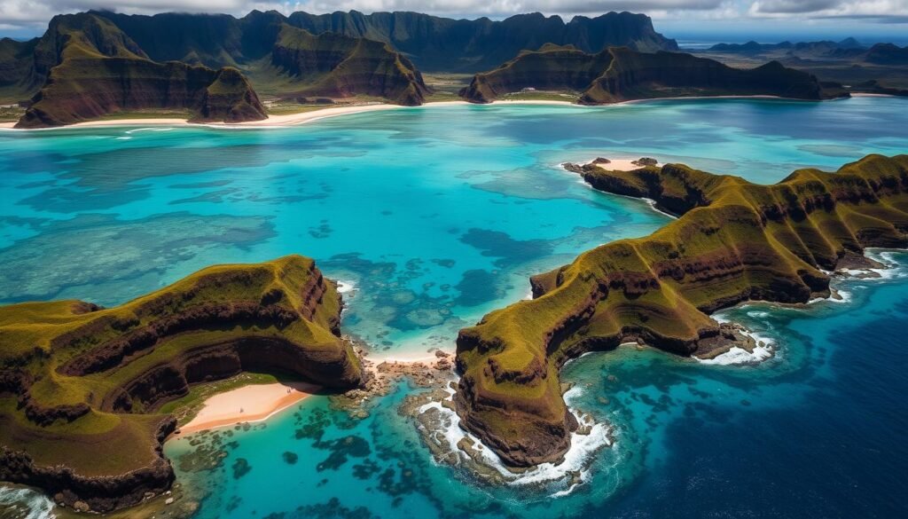 Molokai's untouched beaches and dramatic cliffs, representing dreamy beach towns not overcrowded Molokai's untouched beaches and dramatic cliffs, representing dreamy beach towns not overcrowded