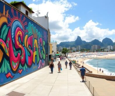Panoramic view of Rio de Janeiro street art mural overlooking Copacabana beach