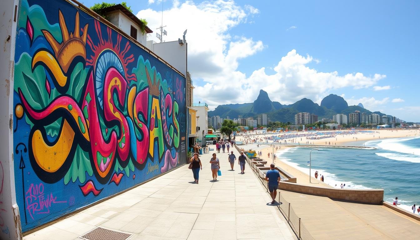 Panoramic view of Rio de Janeiro street art mural overlooking Copacabana beach